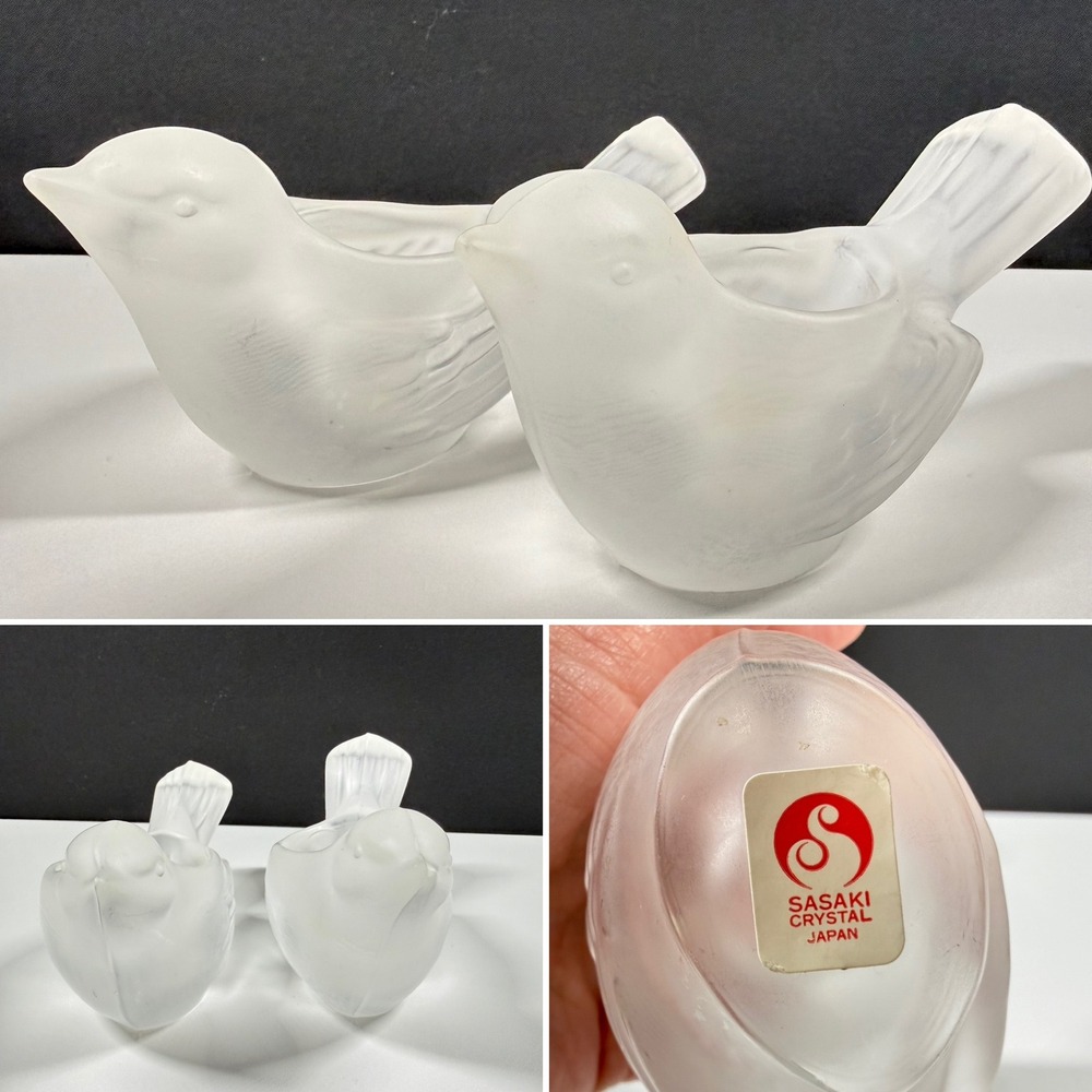 2 SASAKI Crystal Japan Frosted Glass Bird Candle Holders Set Vintage Satin 5"